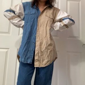 BLUE & TAN ASYMMETRICAL LONG BUTTON UP